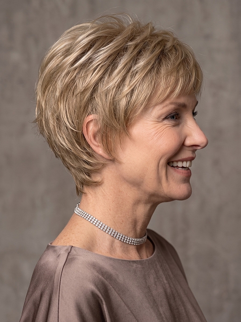 Glamvigor Hybrillia™ Blend Human Hair Chic Warm Medium Brown with Medium Golden Blonde Highlights short Pixie  Wig (Basic Cap) GBC004