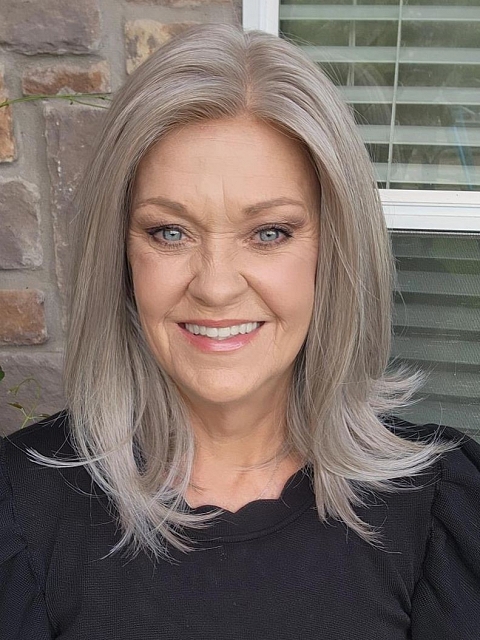 Luxury Light Brown with 75% Grey Blend with Soft White Tips shoulder length Synthetic Mono TOP Wig GMT002