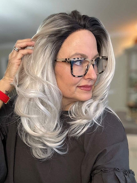 Glamvigor Hybrillia™ Blend Human Hair Ombre Silver White Wavy with side bangs  Lace Part Wig GLP047