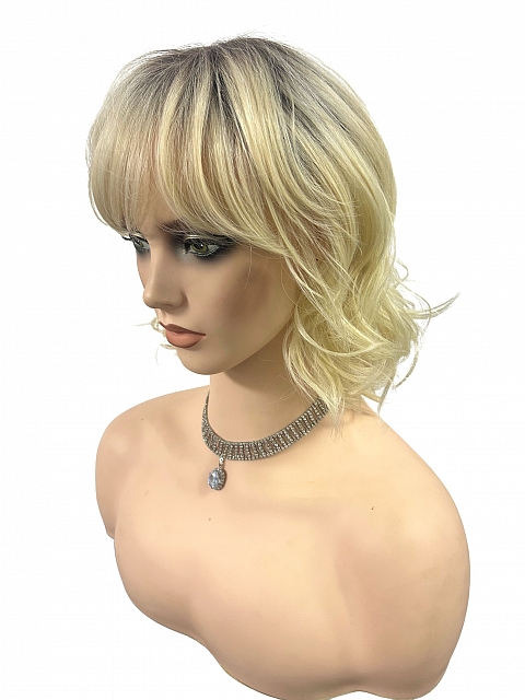 Glamvigor Hybrillia™ Blend Human Hair blonde ombre shoulder-length style with textured waves and a wispy fringe Lace Part wig GLP069