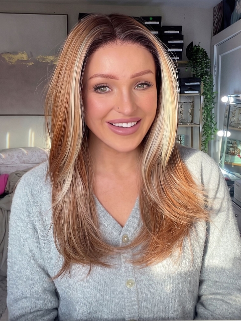 Glamvigor Hybrillia Blend Human Hair Light Red Brown Gold Blonde Highlights straight long layered Lace Part Wig GLP045