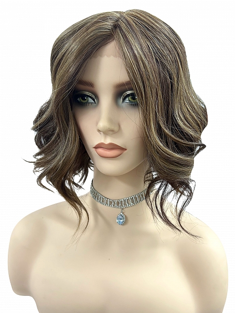 Brown with Medium Red-Gold Blonde Highlights  carefree wavy layered Synthetic Lace Part Wig GLP044
