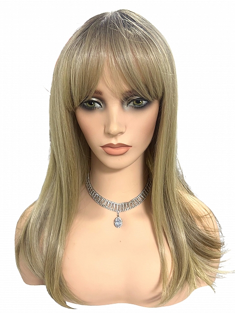 Glamvigor Hybrillia™ Blend Human Hair Elegantblonde ombre with FULL bangs long staright Lace Part Wig GLP061