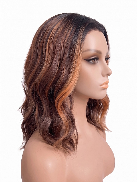 Glamvigor Hybrillia Blend Human Hair  ombre Auburn with  Blonde hights shoulder-length wavy PRE-CUT Lace Part Wig GLP079