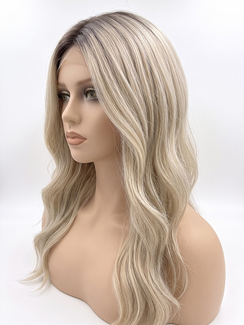 Glamvigor Hybrillia Blend Human Hair  Light Platinum Ombre Long Layered Wavy  Lace Part Wig GLP065