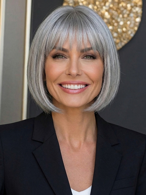 Glamvigor Hybrillia™ Blend Human Hair Perfect 80% black mixed 20% white Blended chin length bob with full bangs  Wig (Basic Cap) GBC024