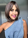 Natural soft brunette with highlights shoulder-length bob  with bangs synthetic Lace Part  wig glp038
