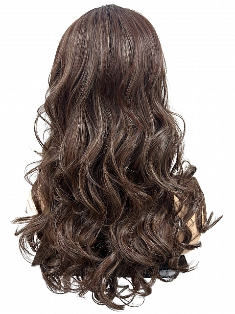Glamvigor Hybrillia™ Blend Human Hair  Red Brown with Gold Blonde highlights Long  Beach Waves  Synthetic Lace Part Wig GLP056