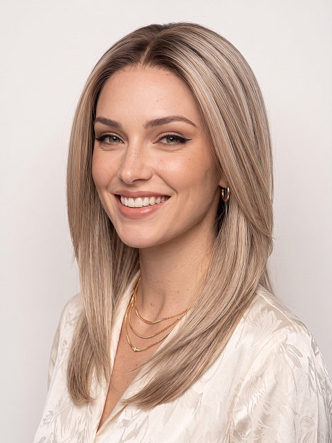 Glamvigor Hybrillia Blend Human Hair Blonde Blended Mixed Cool Platinum  with Dark Roots Medium layered Straight PRE-CUT Lace Part Wig GLP077