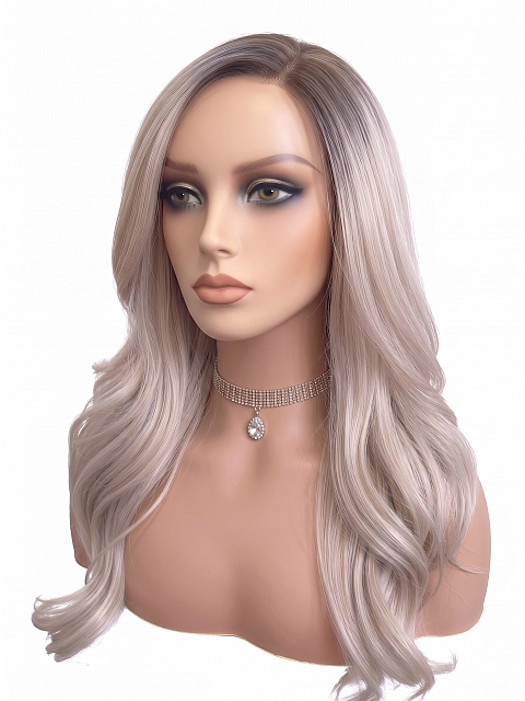 Glamvigor Hybrillia™ Blend Human Hair Cool Platinum Blonde with Dark Roots  long layered PRE-CUT Lace Part Wig GLP074