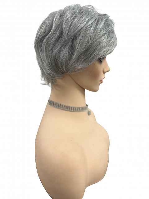 Light Gray with 20% Medium Brown Evenly Blended with Pure White short, barely waved layered  Synthetic Wig (Basic Cap) GBC022