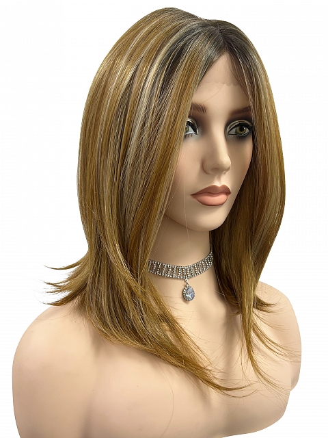 Dark Blonde Evenly Blended with Medium Golden Blonde  shoulder-length layered Straight synthetic Lace Part  wig glp040