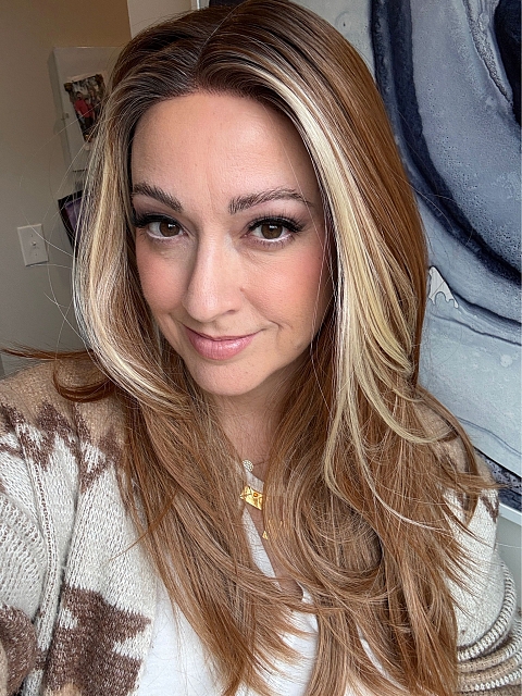 Glamvigor Hybrillia™ Blend Human Hair Light Red Brown Gold Blonde Highlights straight long layered Lace Part Wig GLP045