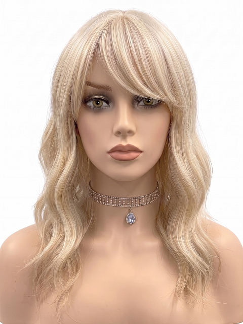 Glamvigor Hybrillia Blend Human Hair blonde wavy with Bangs Lace Part Wig GLP083