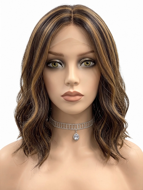 Glamvigor Hybrillia Blend Human Hair Gorgeous Warm Medium Brown with Ginger Blonde  long wavy bob Lace Part Wig GLP020