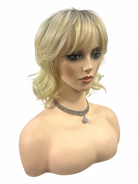 Glamvigor Hybrillia™ Blend Human Hair blonde ombre shoulder-length style with textured waves and a wispy fringe Lace Part wig GLP069