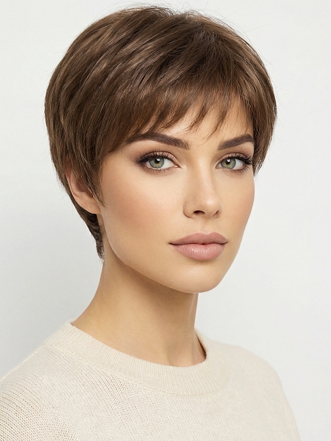 Glamvigor Hybrillia™ Blend Human Hair Classic Warm Brown Short Pixie with bangs Mono Top Wig GMT003