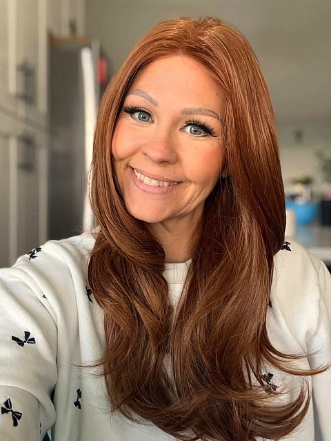 Glamvigor Hybrillia™ Blend Human Hair Ginger copper with light copper highlights long cascading style Synthetic Lace Part Wig GLP058