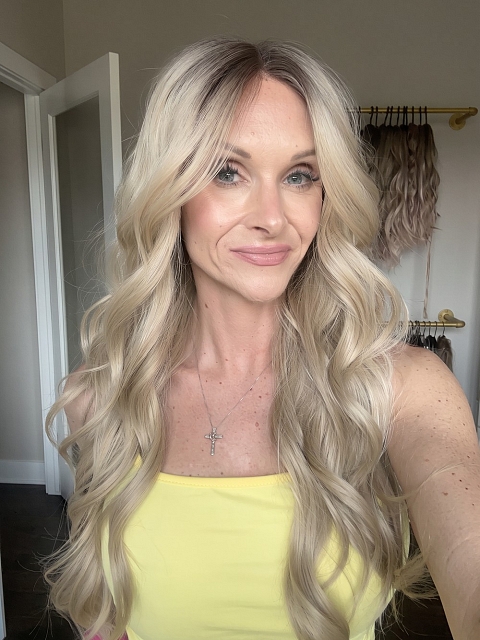 Glamvigor Hybrillia™ Blend Human Hair Blonde ombre long layered loose wavy Lace Part Wig GLP062