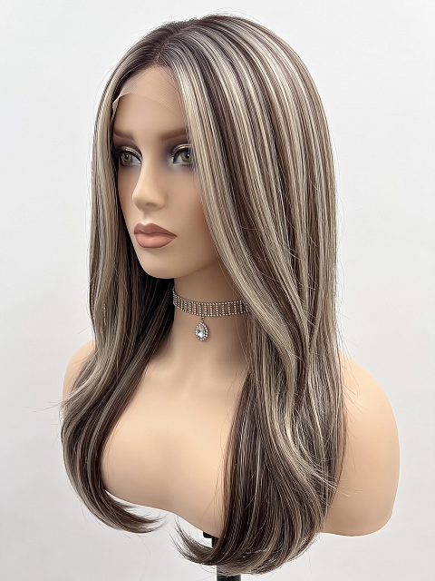 Glamvigor Hybrillia Blend Human Hair Warm Brown mixed Blonde long straight layered Lace Part Wig GLP002