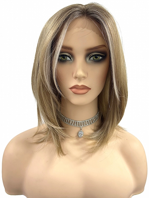Honey blonde  with platinum blonde highlights strands in the front Straight Synthetic Lace Part Wig GLP053