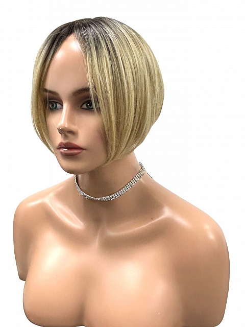 Brown Roots layered on top of Light Blonde short bob Synthetic Wig (Basic Cap) GBC008
