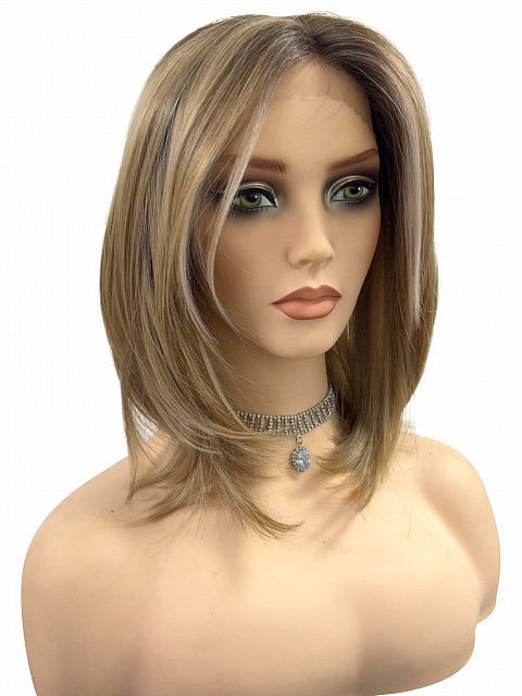 Honey blonde  with platinum blonde highlights strands in the front Straight Synthetic Lace Part Wig GLP053