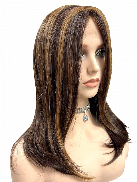 Captivating  Warm Medium Brown Evenly Blended with Medium Golden Blonde Long Straight Synthetic Lace Part Wig GLP023