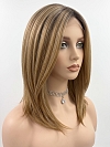 Hybrillia Blend Human Hair Dark Blonde Evenly Blended with Medium Golden Blonde  shoulder-length layered Straight  Lace Part  wig glp040