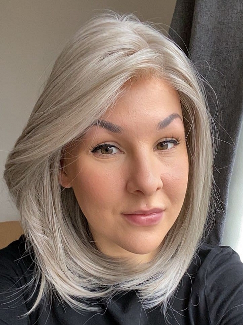 Luxury Light Brown with 75% Grey Blend with Soft White Tips shoulder length Synthetic Mono TOP Wig GMT002