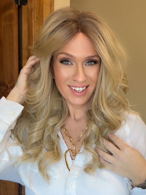 Exquisite Dark Honey Blonde ombre long layered wavy Synthetic Lace Part Wig GLP021