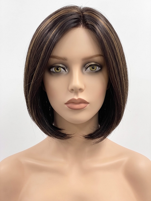 Glamvigor Hybrillia Blend Human Hair Radiant  Dark Brown with Blonde Highlights bob style Mono TOP Wig GMT007