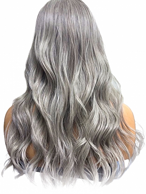 Exquisite grey wavy long-length  Synthetic Lace Part Wig GLP013