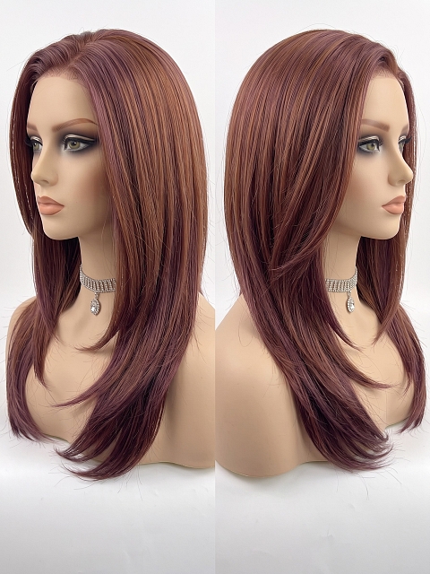 Hybrillia™ Blend Human Hair Dark Auburn Blend with Dark Brown  long layered  PRE-CUT Lace Part  Wig GLP071