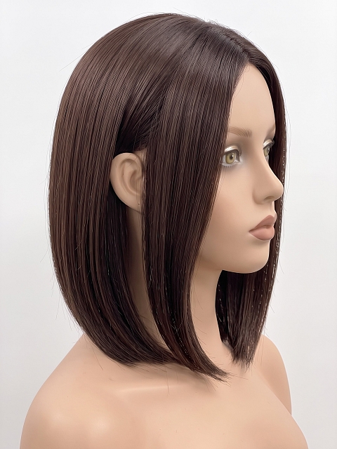 Glamvigor Hybrillia Blend Human Hair Dark Brown base with Light Reddish Brown highlights shoulder-length PRE-CUT Lace Part Wig GLP076