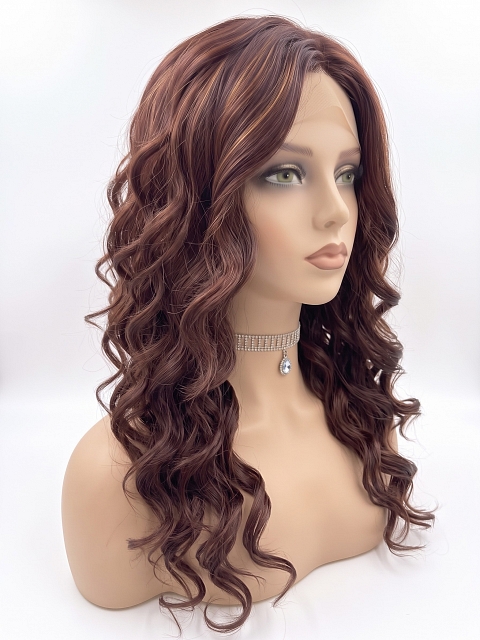 Glamvigor Hybrillia Blend Human Hair Vibrant Medium Red and Auburn blend loose wavy layered Lace Part Wig GLP026