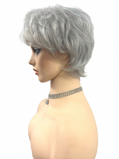 Glamvigor Hybrillia™ Blend Human Hair Light Gray with 20% Medium Brown Evenly Blended with Pure White short, barely waved layered  Wig (Basic Cap) GBC022