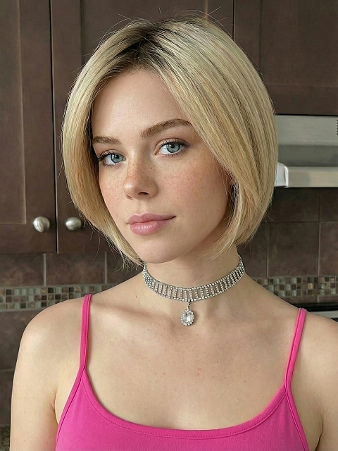 Glamvigor Hybrillia™ Blend Human Hair Light Ash Blonde Evenly Blended with Cool Platinum Blonde with Dark Roots multi-layered crop Wig (Basic Cap) GBC019