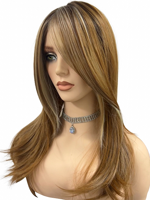 Light Red Brown Gold Blonde Highlights straight long layered   Synthetic Lace Part Wig GLP045