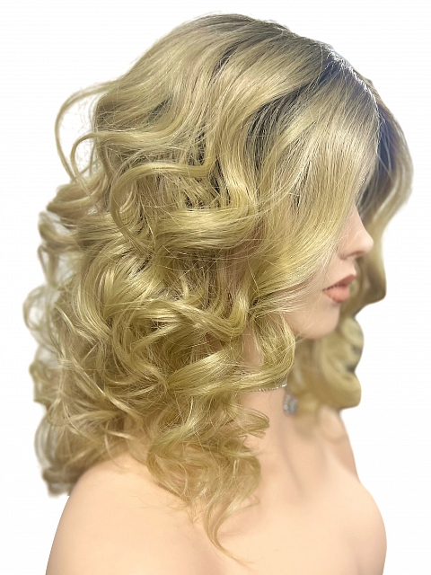 flirty Dark Blonde with Light Copper Blonde Highlights & Golden Brown Roots mid-length layered waves synthetic Lace Part  wig glp037