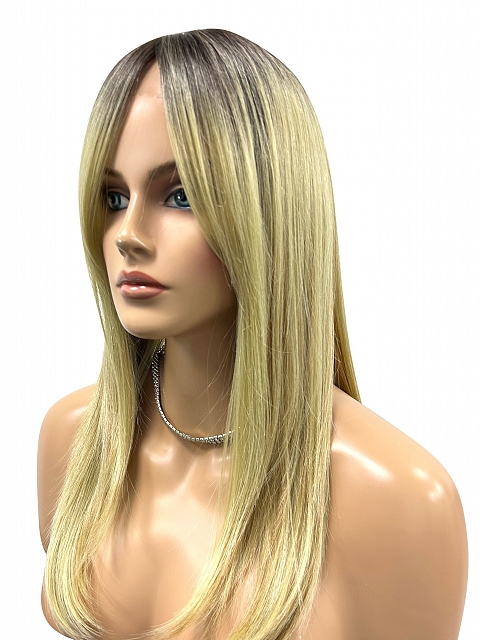 Trendy blonde ombre mixed gold lighlights Medium length with bangs Synthetic Lace Part Wig GLP008