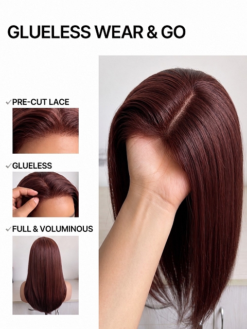 Glamvigor Hybrillia™ Blend Human Hair Dark Auburn Blend with Dark Brown  long layered  PRE-CUT Lace Part  Wig GLP071