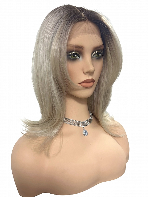 Glamvigor Hybrillia™ Blend Human Hair Light Blonde and Silver White blend with shaded roots shoulder length Lace Part Wig GLP063