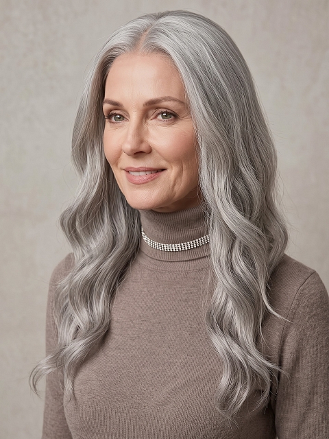 Glamvigor Hybrillia Blend Human Hair Exquisite grey wavy long-length  Lace Part Wig GLP013