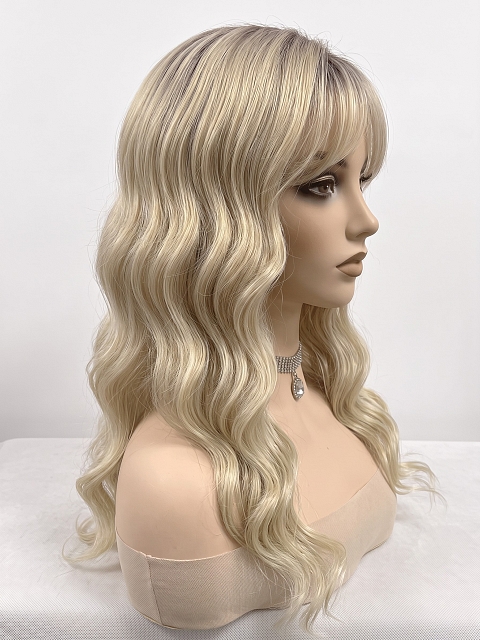 Glamvigor Hybrillia Blend Human Hair Milkshake Blonde ombre long layered wavy with Bangs Wig (Basic Cap) GBC025