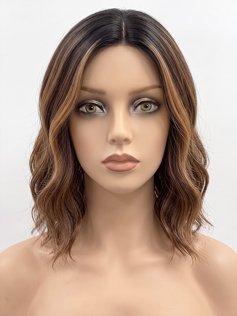 Glamvigor Hybrillia Blend Human Hair  ombre Auburn with  Blonde hights shoulder-length wavy PRE-CUT Lace Part Wig GLP079