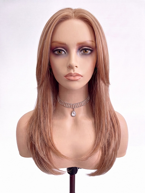 Glamvigor Hybrillia™ Blend Human Hair Auburn Blended mixed Beige Blonde with side bangs  PRE-CUT Lace Part Wig GLP072