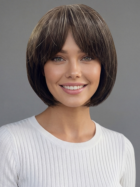 Glamvigor Hybrillia™ Blend Human Hair Chic Medium Brown Evenly Blended with Light Honey Brown Wig (Basic Cap) GBC008