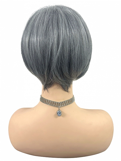 Glamvigor Hybrillia™ Blend Human Hair Grey with 40% white Blended short  length with full bangs bob Wig (Basic Cap) GBC021