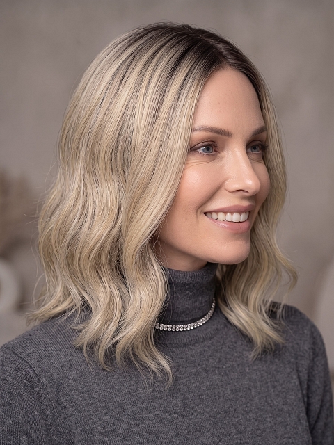 Glamvigor Hybrillia™ Blend Human Hair Elegant cool Blonde Ombre Wavy Lace Part Wig GLP001
